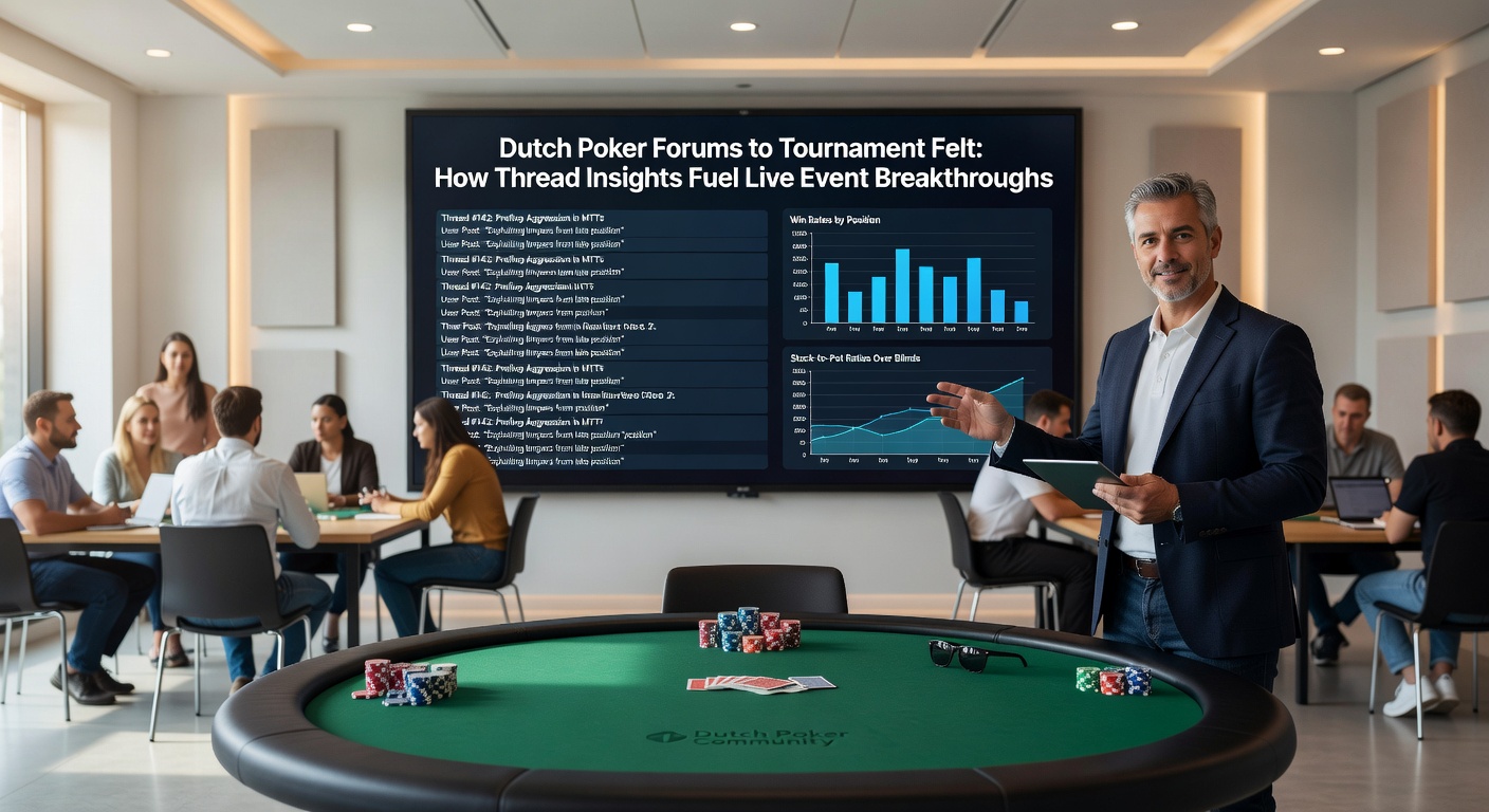 Een live pokertoernooi in Nederland met spelers die forumstrategieën toepassen aan de tafel, vol spanning en chips