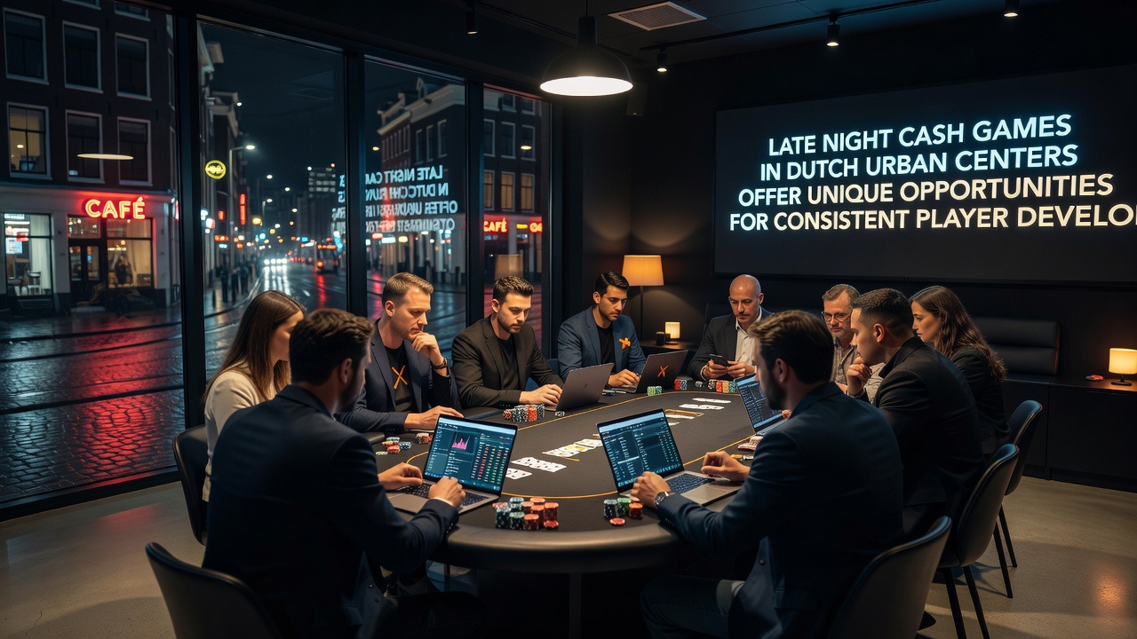 Groep poker spelers tijdens een late night cash game sessie in een stedelijk centrum