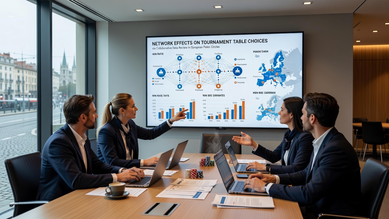 Groep Europese pokerenthousiastelingen die samen data analyseren op een laptop tijdens een toernooi in augustus 2026