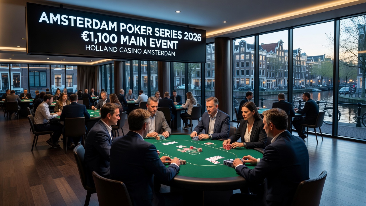 Overzicht van de pokertafels en chipstacks tijdens de Amsterdam Poker Series 2026